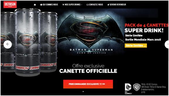 Screenshot Site Web Distrisun (accueil) - Batman VS Superman Energy Drink